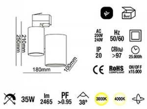 LED 3-PH-Schienen-Strahler 35W Alu chrom